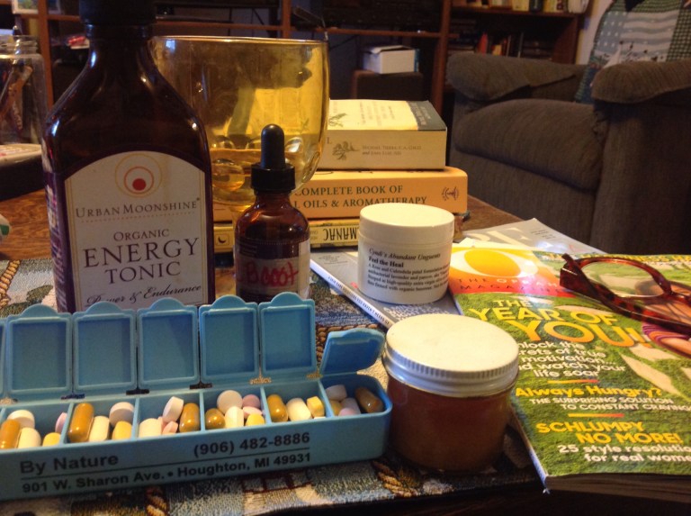 Vitamins are supplemented by adrenal tonic, rose hip tincture packed with C and my homemade salves and balms.