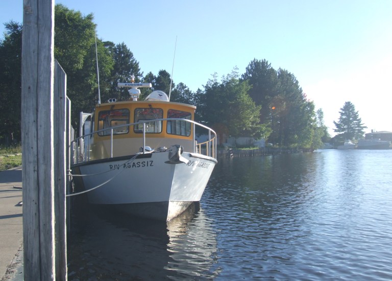 The R/V Aggasiz docked off Big Traverse Bay on Lake Superior.